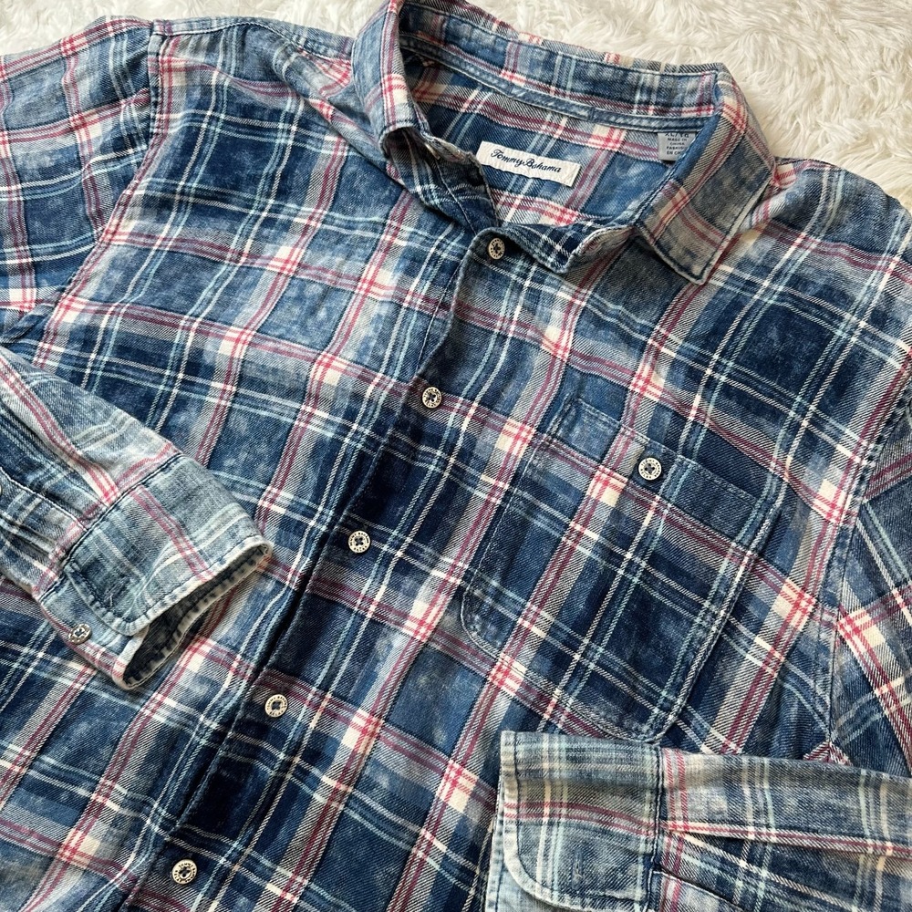 Tommy Bahama Indigo Beach Shirt Men XL Blue Plaid Acid Wash Cotton Flannel